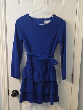 Rare Editions Royal Blue Long-Sleeve Tiered Ruffle Dress with Self Tie